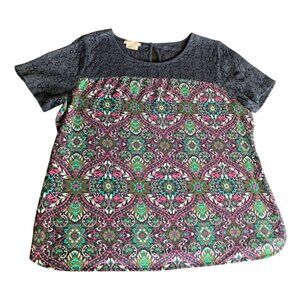 Van Heusen Womens Size XLarge Lace Top Multicolor Floral Pattern & Short Sleeves